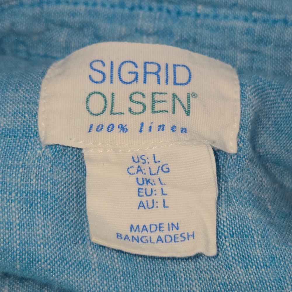 Sigrid Olsen Button Up Top Women Large Blue Linen Roll Tab Casual Summer Blouse - Picture 2 of 9